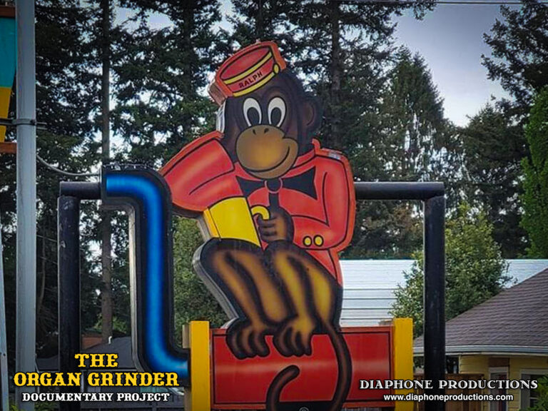 Recent photograph of the "Monkey" portion of the original Organ Grinder sign from Portland. The sign still exists in Northern Washington in front of a small cafe.